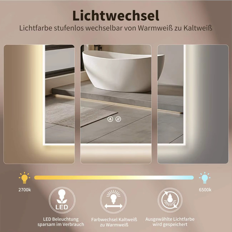 HOKO LED Badezimmerspiegel Bogenspiegel mit Metallrahmen in Weiß, B: 60 cm, H: 100 cm, mit Touchschalter und 3 Farbtemperaturen zur Wandmontage - Bild 3