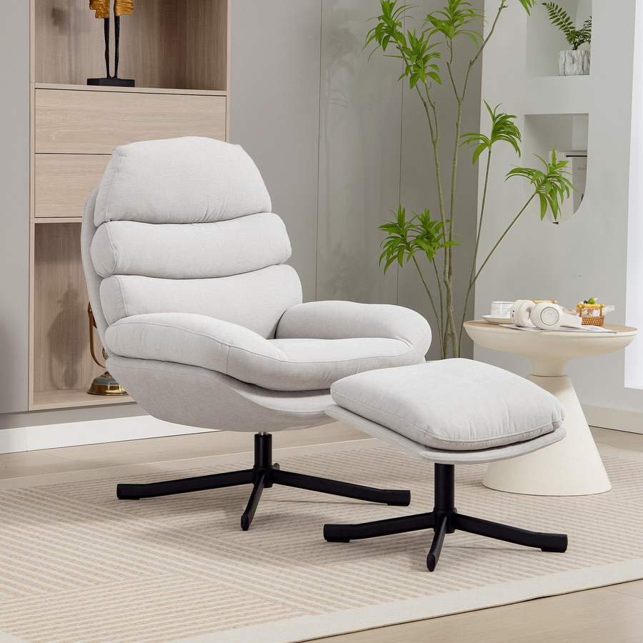 HOMCOM Relaxsessel mit Hocker in Creme, drehbarer Loungesessel mit Chenille-Optik und breiter Sitzfläche für Wohnzimmer und Schlafzimmer - Bild 2