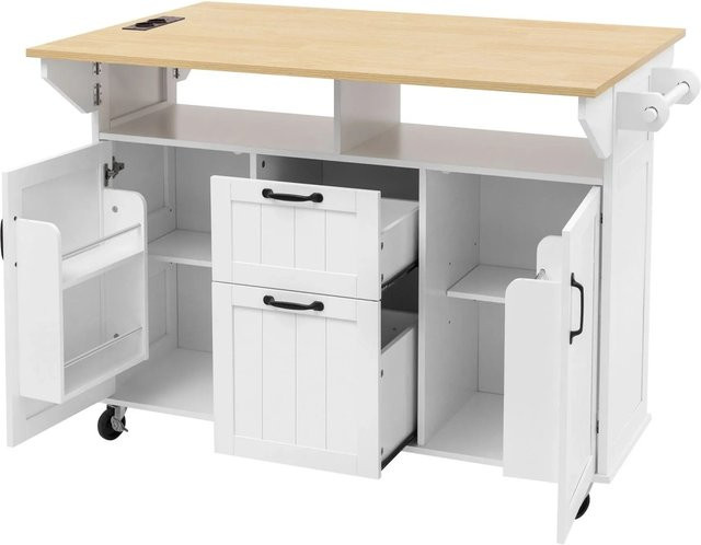 okwish Kücheninsel mit Rollen und Ausziehtisch in Weiß, inklusive Schubladen und Handtuchhalter, B/T/H: 120 x 60 x 92 cm - Bild 1