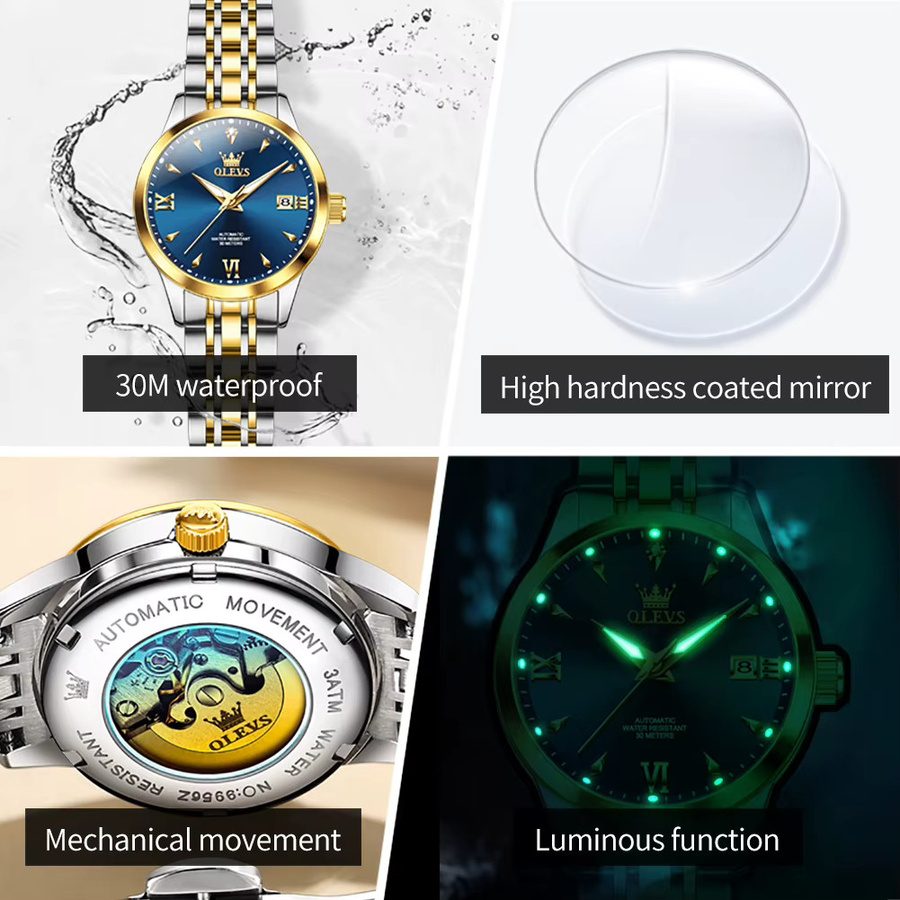 OLEVS Armbanduhr Automatik, Gold, Edelstahl, Diamantbesetzt, Damen - Bild 3