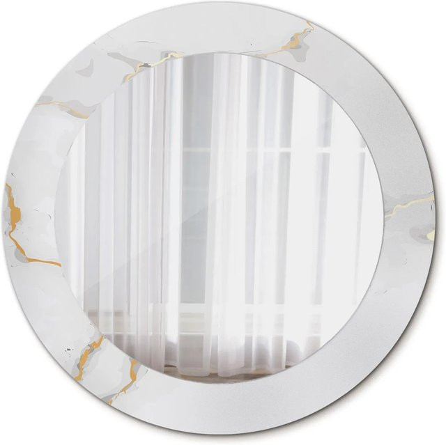 Tulup Runder Wandspiegel mit Weißem Marmor-Design und Ornamenten, Durchmesser: 60 cm - Bild 1