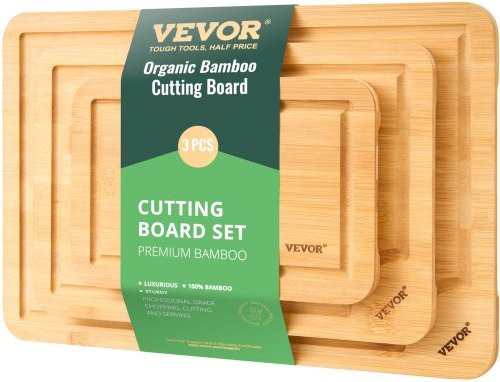 VEVOR Schneidebrett Set aus Bambus, 3 Stück, braun, rechteckig mit Saftrinne und integriertem Griff, vielseitig einsetzbar zum Schneiden und Servieren - Bild 1