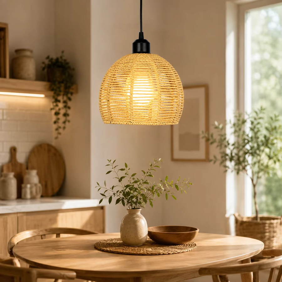 JOYINLED Boho Rattan-Hängelampe in Beige, runde Weidenkorb-Pendelleuchte für Wohnzimmer und Esszimmer, Durchmesser: 18 cm - Bild 4