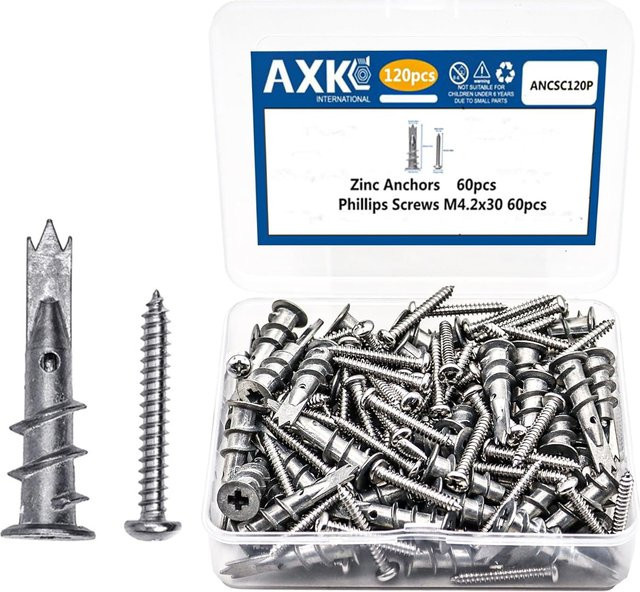 AXK Set aus 120 selbstbohrenden Dübeln aus Zinklegierung und Schrauben in Silber für Hohlwände und Trockenbau - Bild 1
