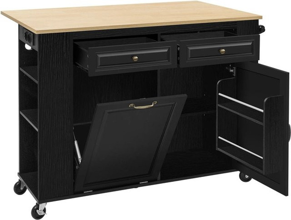 okwish Kücheninsel mit Rollen und Ausziehtisch in Schwarz, inklusive Abfallbehälterfach und Handtuchhalter, B: 120 cm, T: 40 cm, H: 70-92 cm