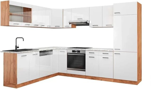 Vicco R-Line Eckküche in Weiß Hochglanz und Goldkraft Eiche mit Marmor-Optik, B/T/H: 227 x 287 x 207 cm - Bild 1