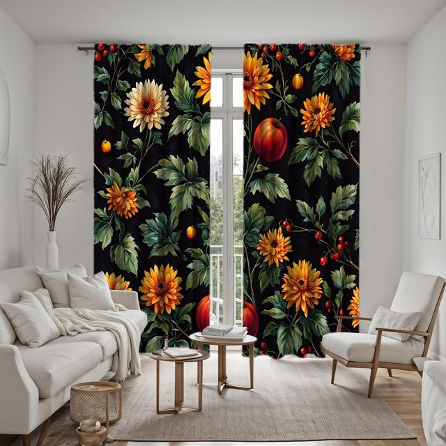 2er-Set Digital bedruckte Vorhänge mit Blumen- und Blattmuster in Schwarz und Grün, B: 132 cm, H: 160 cm - Bild 1