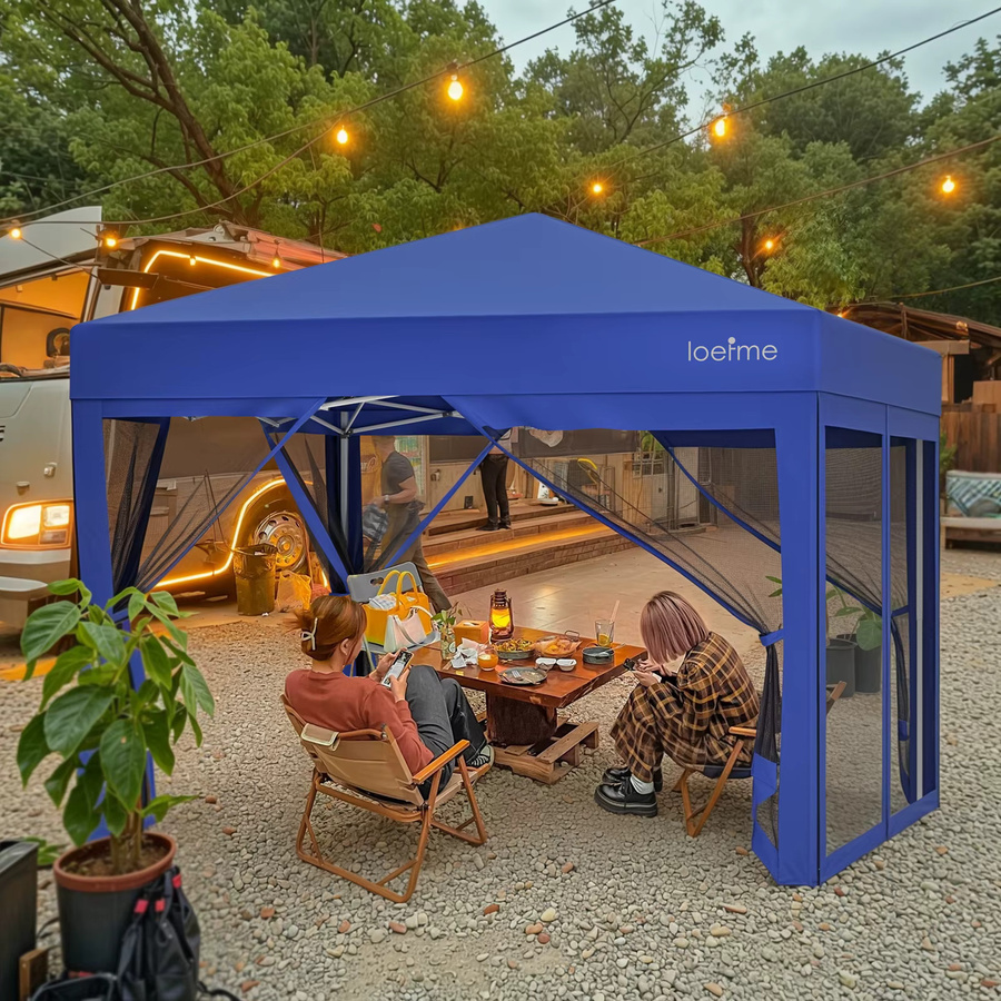 LOEFME Pop-Up Pavillon mit Moskitonetz in Blau, wasserdichtes Zelt mit UV-Schutz für Camping, Terrasse und Garten, B/T: 300 x 300 cm - Bild 4