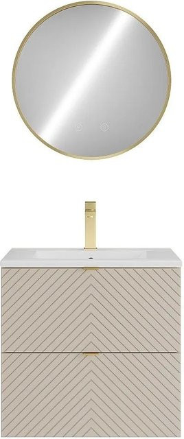Dorioni Einzelwaschtisch Beige mit LED-Beleuchtung und Soft-Close-Türen, Wandmontage, Breite: 60 cm, Tiefe: 46 cm, Höhe: 61,6 cm - Bild 1