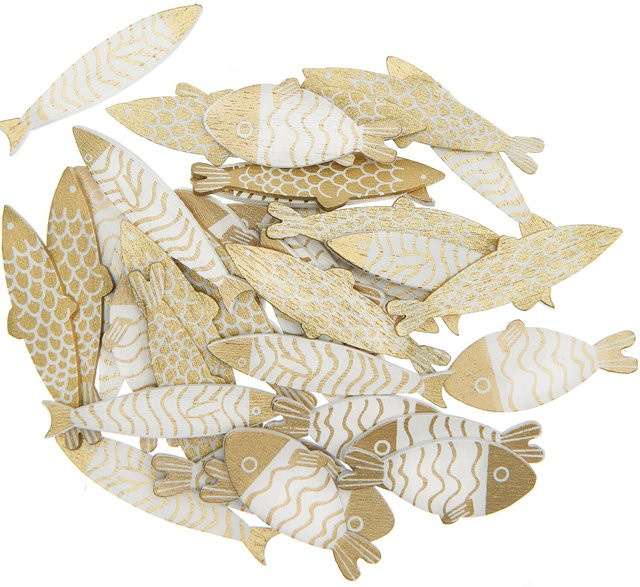 Rico Design Holzstreu Fisch in Gold und Weiß, 36 Stück für maritime Tischdekoration - Bild 1
