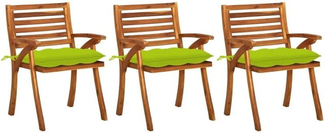 vidaXL Garten-Essstühle Set aus Akazienmassivholz mit Kissen, 3er Set, Braun und Grün - Bild 1