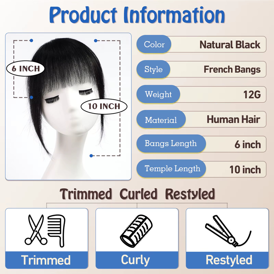HAIRCUBE Clip-in-Air-Haarverlängerung, 100 % Echthaar, schwarzer Pony mit Koteletten und Wispy-Fransen, Unisex - Bild 3