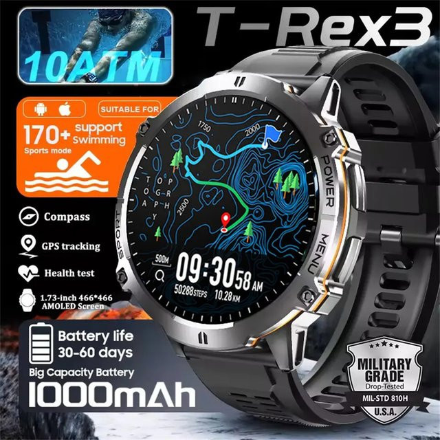 CRTORRS Herren Militär T REX 3 Smartwatch in Schwarz mit 1,73 Zoll AMOLED Display, Kompass, Bluetooth-Anruffunktion und 1ATM Wasserdichtigkeit für iOS und Android - Bild 1