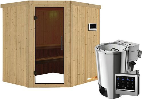 Karibu Sauna Talsen aus Fichtenholz mit 3,6 kW Saunaofen und externer Steuerung für 3 Personen, Farbe: beige/grau, B/T/H: 198,0 x 170,0 x 196,0 cm - Bild 1