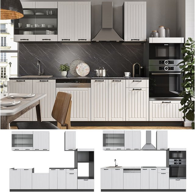 Vicco Küchenzeile Fame-Line Landhausstil Einbau Anthrazit und Weiß Breite: 240 cm - Bild 1