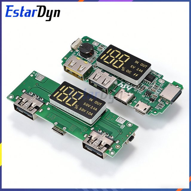 Estardyn LED Dual USB Powerbank Ladeplatine mit Micro-USB und Type-C Anschlüssen, 5V 2.4A, 18650 Lithium-Akku mit Schutzschaltung, Grün - Bild 1