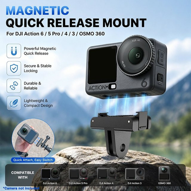 Magnetischer Schnellwechseladapter für DJI Action 6 / 5 Pro / 4 / 3 und OSMO 360, faltbarer Schnellverschluss-Halterungsadapter in Schwarz - Bild 1