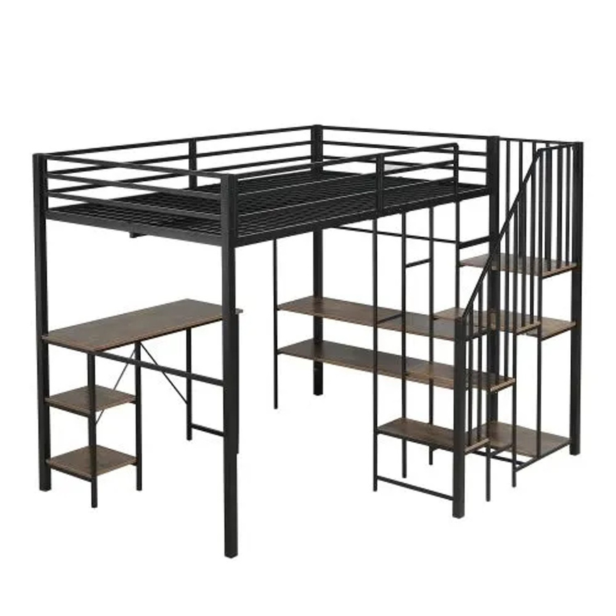 KOMHTOM Etagenbett aus Eisen und MDF mit Eckkleiderschrank, Tisch, Kleiderstange und Bücherregal, Schwarz und Holzfarben, B/T/H: 200 x 120 x 173 cm - Bild 2