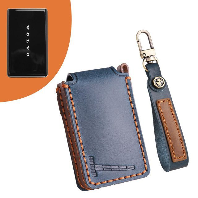 Lederne Bluetooth-Schlüsselhülle für Volvo EX30 in Blau - Bild 1