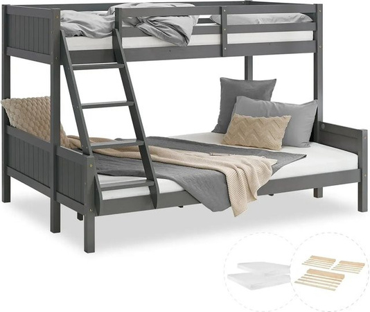 Homestyle4u Etagenbett aus Kiefernholz in Grau mit Lattenrost und 2 Matratzen, B/T/H: 230 x 140 x 147 cm und 230 x 90 x 147 cm