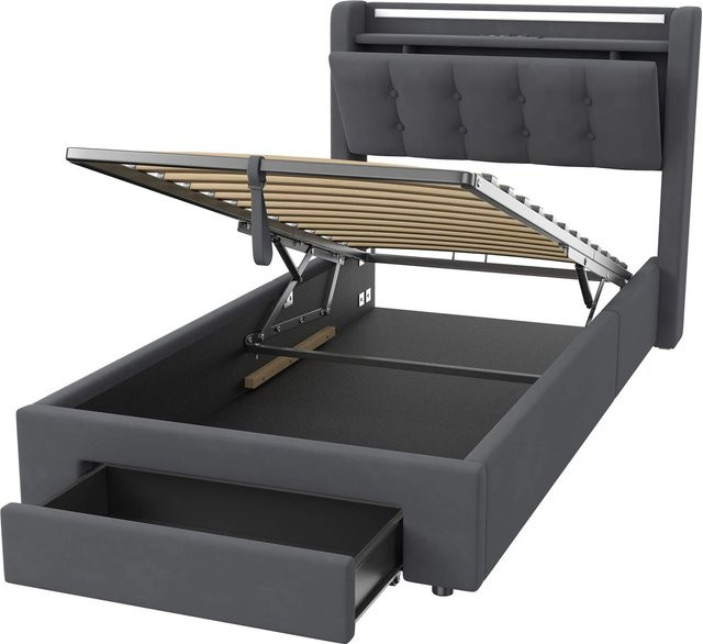 okwish Polsterbett mit Bettkasten und LED-Licht in Grau, Breite: 90 cm, Tiefe: 200 cm, Höhe: 106 cm, Breite: 90 cm, Tiefe: 200 cm, Höhe: 141 cm, Breite: 90 cm, Tiefe: 200 cm, Höhe: 215,5 cm - Bild 1