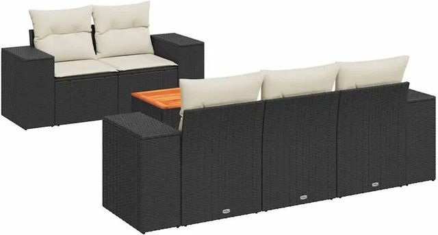 vidaXL 6-teilige Garten-Sofagarnitur aus Poly-Rattan und Akazienholz in Schwarz-Creme mit Kissen - Bild 1