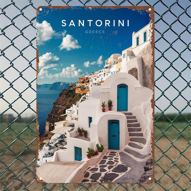 MINISO Vintage-Wandkunstschild aus Aluminium mit Santorini-Griechenland-Landschaftsmotiv, rechteckiges Metall-Wanddekor - Bild 1