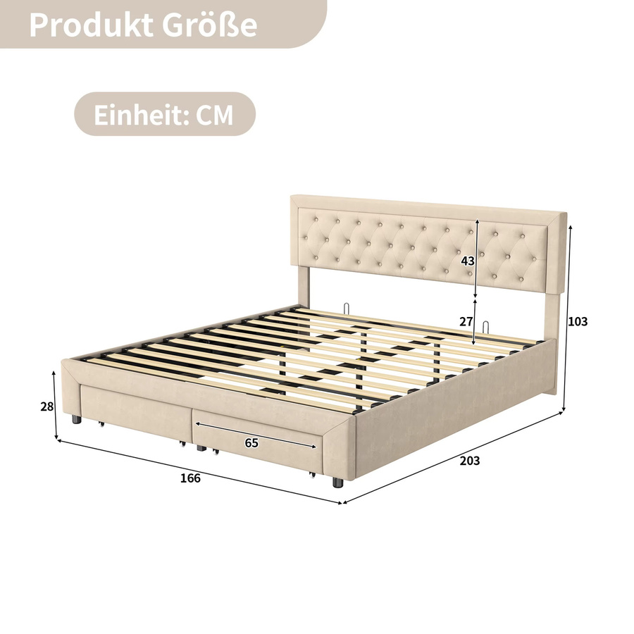 FEEOHOME Polsterbett Doppelbett in Beige mit Schubladen und Stauraum, Samt, B/T: 180 x 200 cm - Bild 2