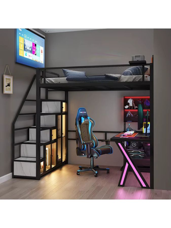 Tillais E-Sport-Hochbett aus Schmiedeeisen in Blau, multifunktionales und platzsparendes Pavillonbett, B/T/H: 120 x 200 x 200 cm - Bild 2