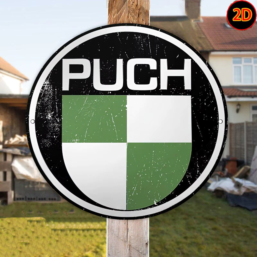 Potdemiel Vintage Metallschild PUCH rund mit grün-weiß kariertem Design aus Aluminium - Bild 6