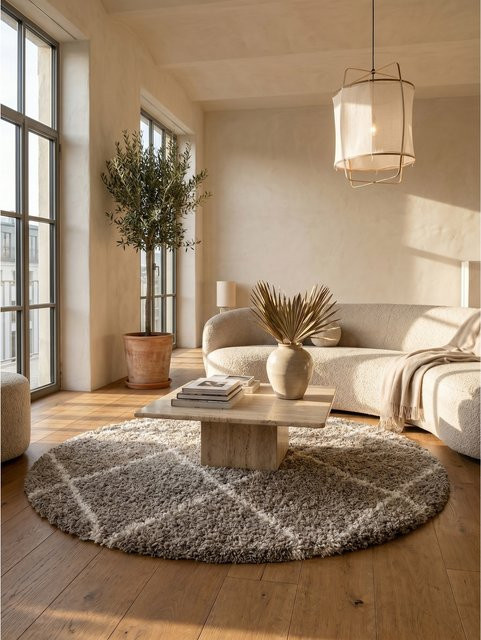 Hochflorteppich Kadima Design in Beige mit geometrischem Muster im skandinavischen Stil, Durchmesser: 80 cm - Bild 1