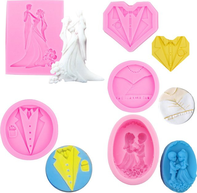 Kaymiklee Silikon Kuchenform Braut und Bräutigam in Pink für Fondant, Schokolade und Backwerkzeuge, Rund, Durchmesser: 6,5 cm - Bild 1