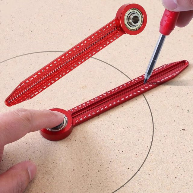 Präzises Holzbearbeitungs-Zeichenwerkzeug aus Metall mit Lochlineal und Zirkel in Blau und Rot - Bild 1