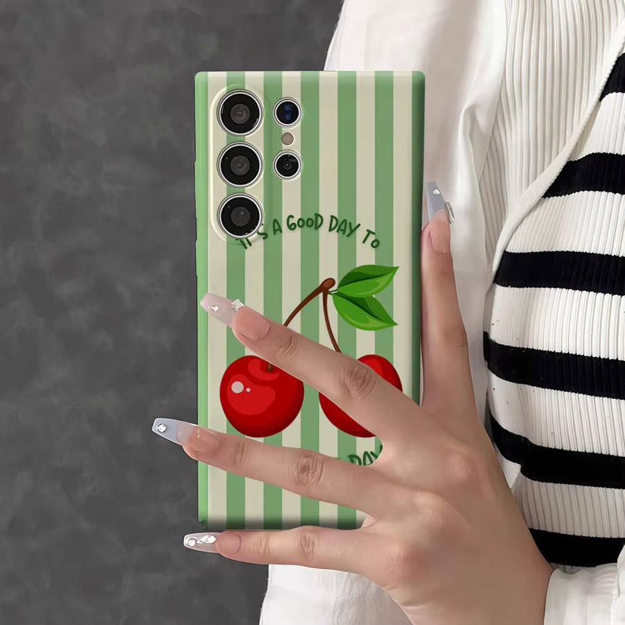 Glänzende Handyhülle mit grünen Streifen und Kirsch-Design für Samsung Galaxy S25 Ultra, S24 und S23 Ultra Plus - Bild 2