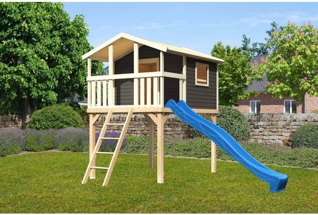 Karibu Spielturm Benjamin in Terragrau mit Holzleiter und blauer Rutsche, B/H/T: 225 x 309 x 250 cm - Bild 1