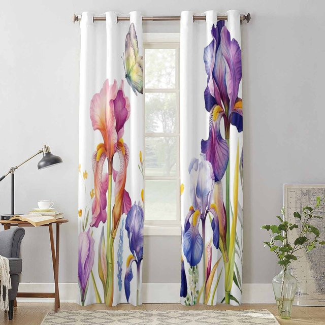 Super Six Vorhang mit Iris-Blumen und Schmetterlings-Motiv, Weiß/Mehrfarbig, B: 135 cm, H: 60 cm - Bild 1