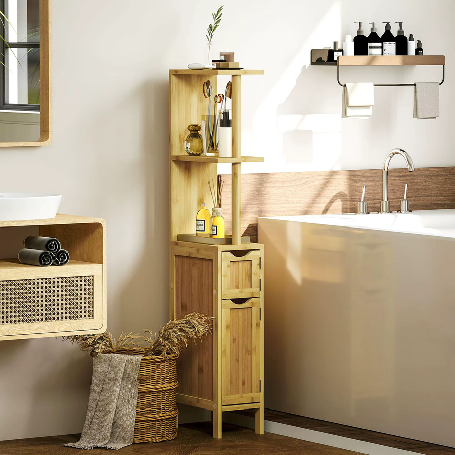 HOMCOM Badezimmermöbel aus Bambus und MDF in Beige und Braun mit 2 Schränken und 2 Ablagen, B/T/H: 18 x 30 x 120 cm - Bild 3