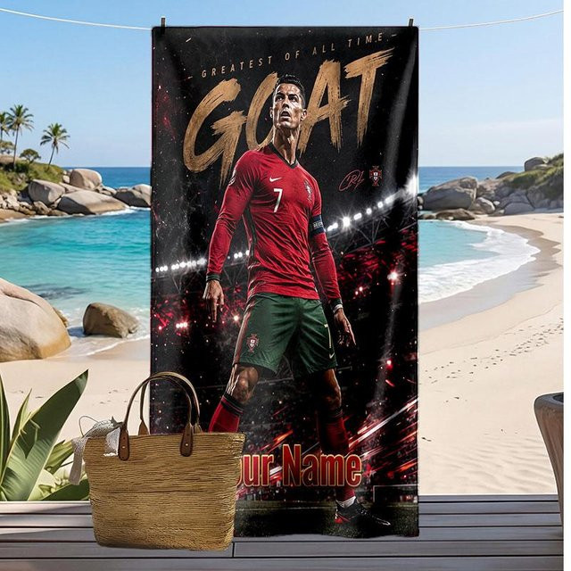 Personalisierbares Cristiano Ronaldo Handtuch mit Fußball Logo und individuellem Namen, Saugfähiges Microfaser Handtuch für Sport und Reisen, B/H: 70 x 140 cm - Bild 1