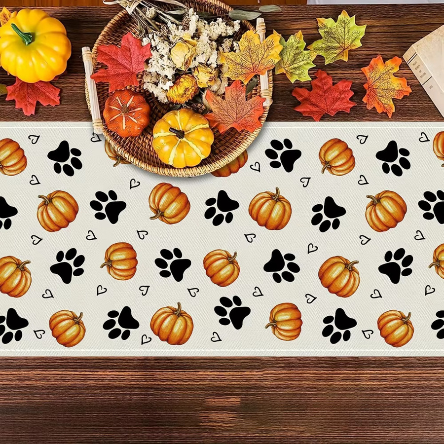 DOKRIY Herbst-Tischläufer aus Leinen in Weiß mit Kürbis- und Hundepfoten-Design, B/H: 45 x 150 cm - Bild 4
