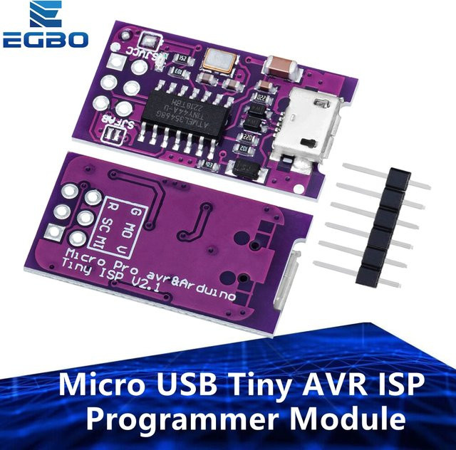 EGBO USBTinyISP Programmiermodul für ATtiny44 ATtiny45 ATtiny85 Mikrocontroller in Lila mit Micro USB Anschluss - Bild 1