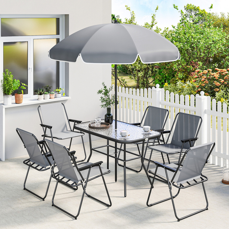 Outsunny Gartenmöbel Set 8-teilig in Grau mit Glastisch und Sonnenschirm mit Wasserwellenmuster für Garten und Terrasse, Tisch B: 119 cm, T: 68 cm - Bild 2