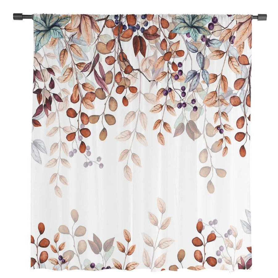 Yiran Furniture Transparente Voile-Vorhänge mit Herbstzweigen und Blättern aus Tüll und Organza, Breite: 135 cm, Höhe: 115 cm - Bild 1