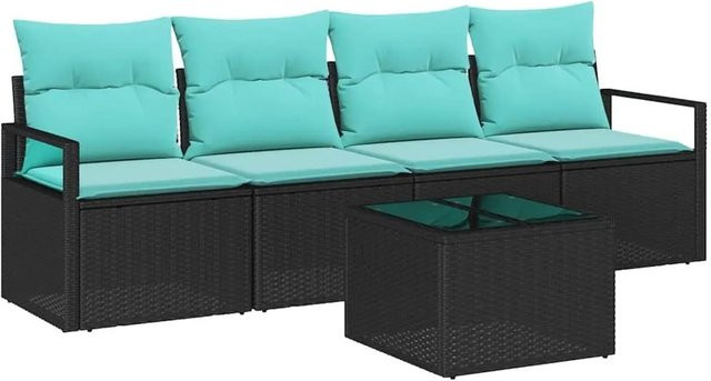 vidaXL Gartenmöbel Set 5-teilig aus Poly-Rattan und Metall in Schwarz und Türkis mit wetterfesten Polstern und Couchtisch - Bild 1
