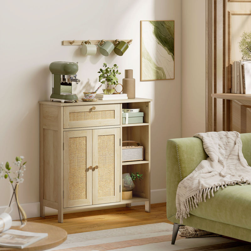 HOMCOM Buffetschrank im Bohème-Stil mit Rattan-Details und Schublade, Naturholzoptik, B/T/H: 75 x 30 x 79,5 cm - Bild 2
