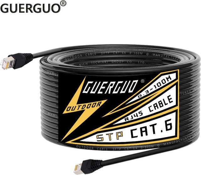 GuerGuo Cat6 STP/SFTP Ethernet LAN Netzwerk-Verlängerungskabel mit RJ45-Anschluss, Schwarz, 100 m - Bild 1