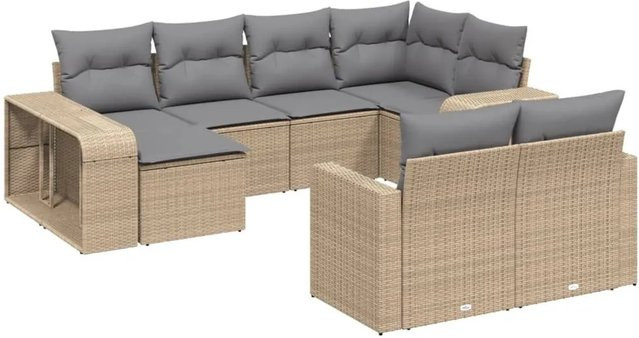 vidaXL 10-tlg. Garten-Sofagarnitur in L-Form aus PE-Rattan und pulverbeschichtetem Stahl mit Kissen in Beige-Grau - Bild 1