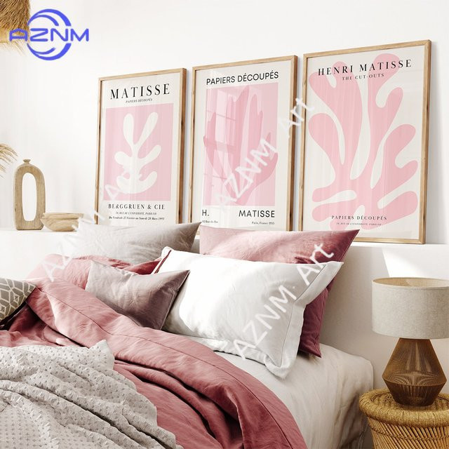 Set aus 3 abstrakten Matisse Blatt-Wandkunstdrucken auf Leinwand in Rosa von AZNM - Bild 1