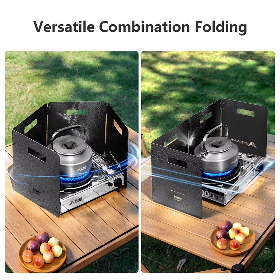BISINNA Windschutzscheibe für 4-Platten-Gasherde, zusammenklappbarer Windschutz in Schwarz für Camping und Outdoor-Kochutensilien - Bild 2