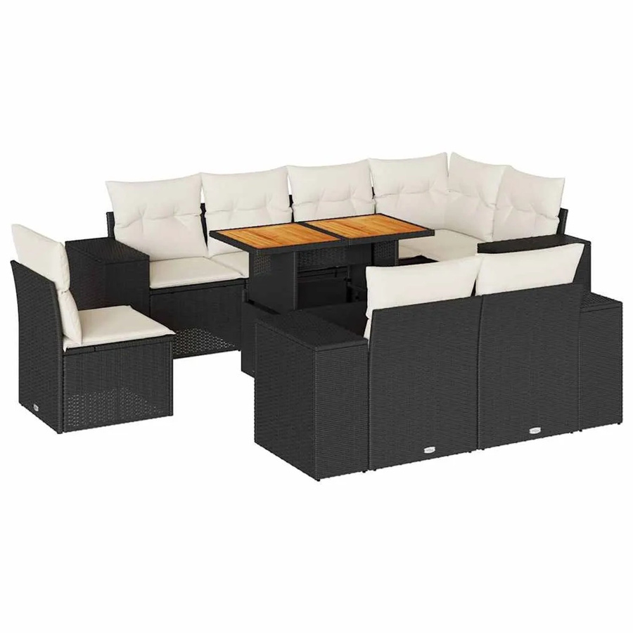 vidaXL 9-teilige Garten-Sofagarnitur aus Poly-Rattan und Akazienholz in Schwarz-Creme mit Kissen - Bild 2