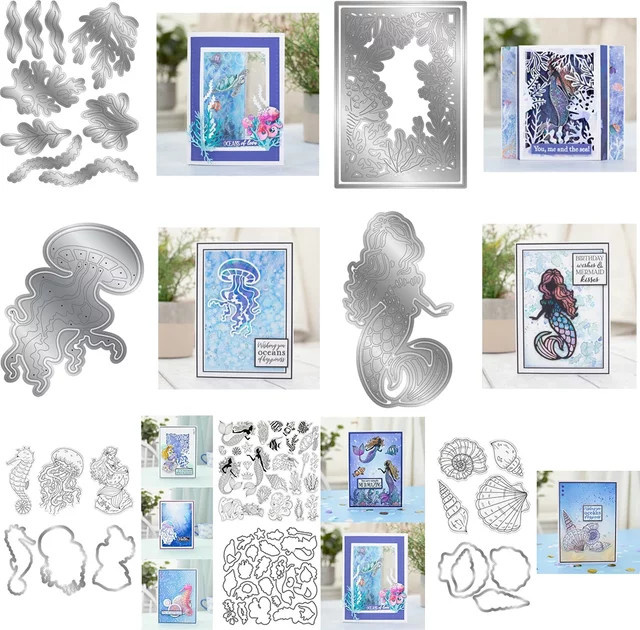 Enchanted Ocean Collection Stanzformen und Stempel Set mit Meerjungfrau, Muschel und Oktopus in Silber für DIY Scrapbook, Album und Kartenherstellung - Bild 1